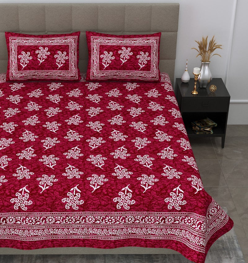 SheetKart 144 TC 100% Cotton Batik Printed Double Bedsheet with 2 Pillow Covers, Burgundy Red - Image 2