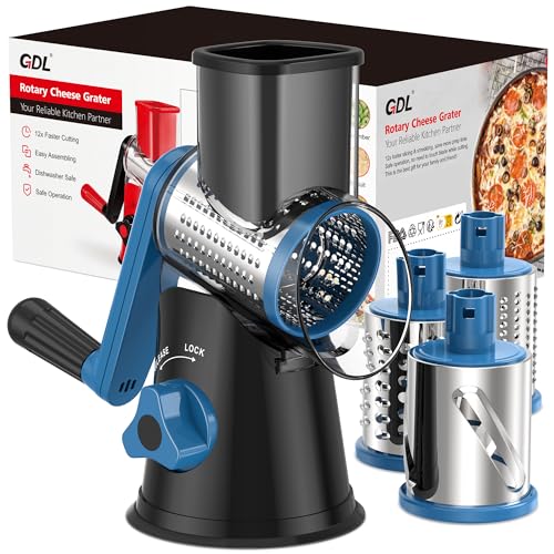 GDL Cheese Grater Rotary, Rotary Grater for Kitchen, Kitchen Vegetable Slicer with 3 Drum Blades, Fast Cutting Cheese Shredder for Vegetables and Nuts - Image 1