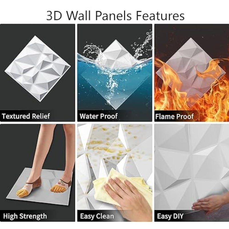 3D Wall Panels 10PCS,30CM/11.8 x 30CM/11.8 PVC Waterproof Wall Panel Diamond Textured Modern Decor Wall Tiles Accent Wall Panels for Living Room Bedroom Hotel Office, Coving 9.7 Sq.FtMatt White - Image 3