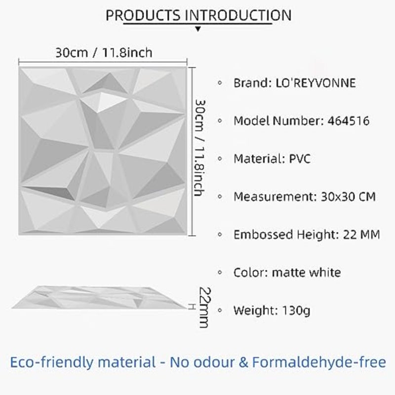 3D Wall Panels 10PCS,30CM/11.8 x 30CM/11.8 PVC Waterproof Wall Panel Diamond Textured Modern Decor Wall Tiles Accent Wall Panels for Living Room Bedroom Hotel Office, Coving 9.7 Sq.FtMatt White - Image 2