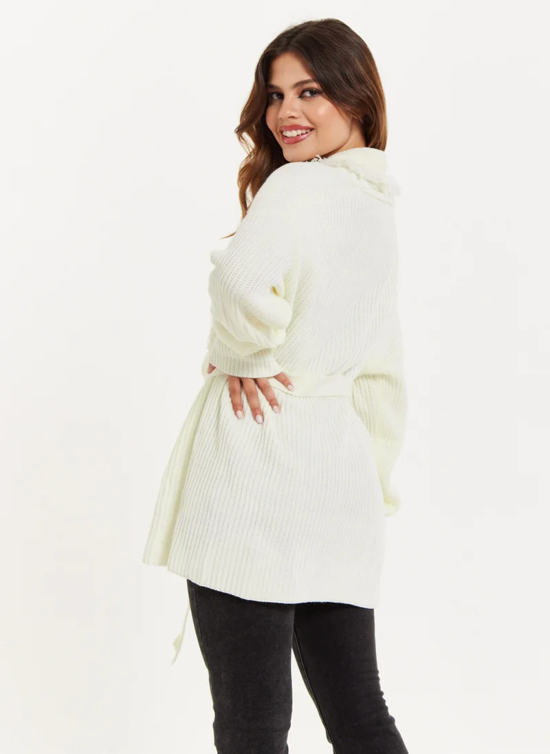 Liquorish كارديجان مفتوح من الأمام بلون كريمي وتفاصيل شراشيب