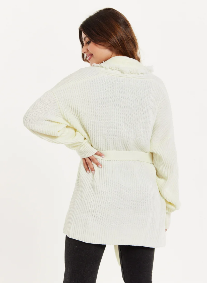 Liquorish كارديجان مفتوح من الأمام بلون كريمي وتفاصيل شراشيب