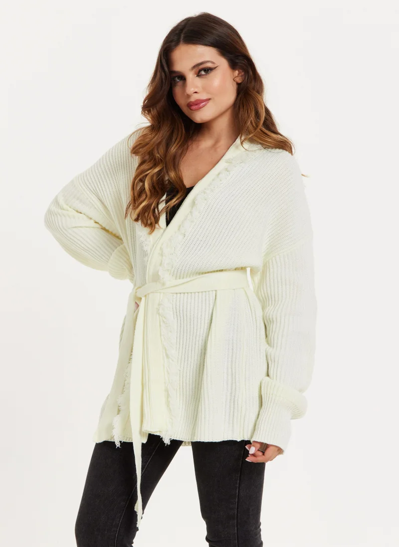 Liquorish Open Front Cream Cardigan Fringe Details