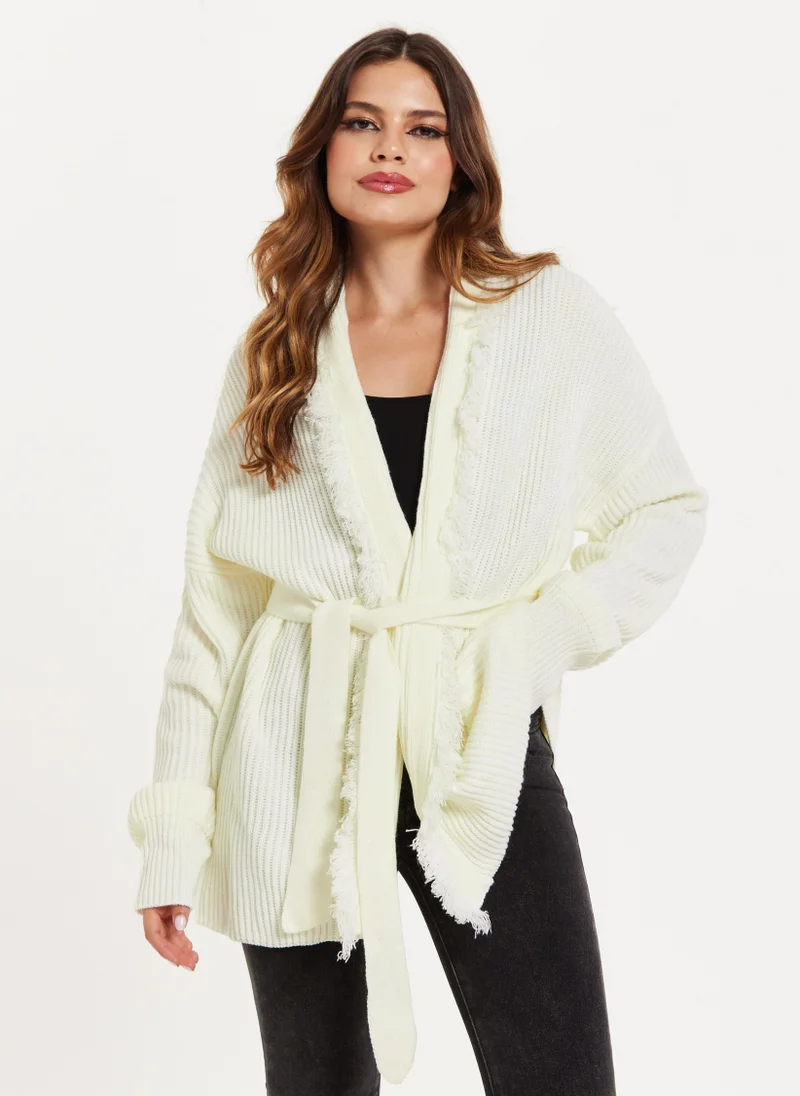 Liquorish Open Front Cream Cardigan Fringe Details