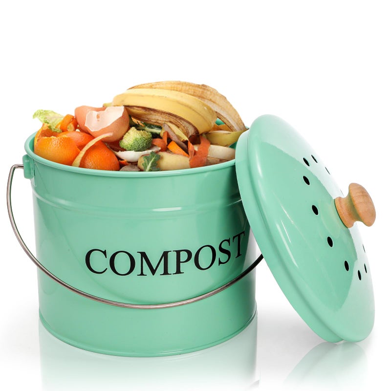 AVLA Kitchen Compost Bin, 1 Gallon Countertop Food Waste Container, Odorless Composter Bucket with Lid and Charcoal Filter, Indoor Metal Composting Pail, Mint Green - Image 1