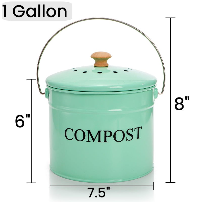 AVLA Kitchen Compost Bin, 1 Gallon Countertop Food Waste Container, Odorless Composter Bucket with Lid and Charcoal Filter, Indoor Metal Composting Pail, Mint Green - Image 2