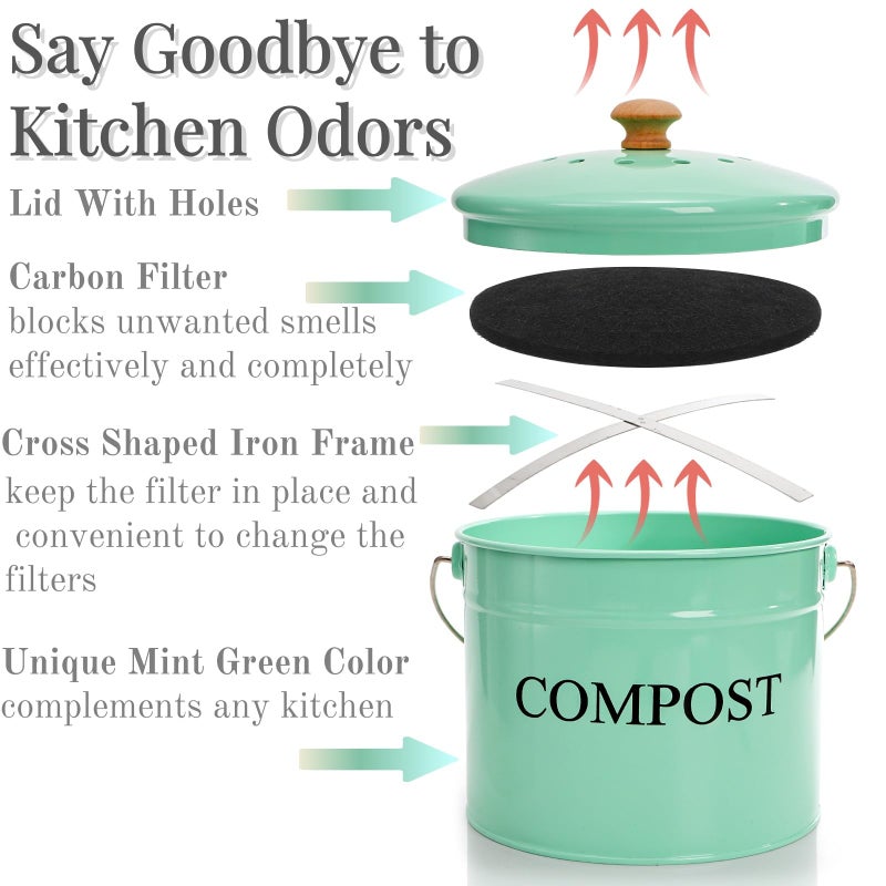 AVLA Kitchen Compost Bin, 1 Gallon Countertop Food Waste Container, Odorless Composter Bucket with Lid and Charcoal Filter, Indoor Metal Composting Pail, Mint Green - Image 3