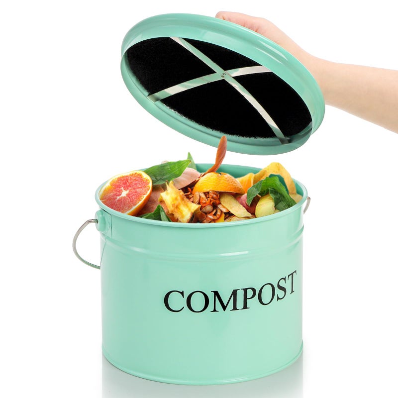 AVLA Kitchen Compost Bin, 1 Gallon Countertop Food Waste Container, Odorless Composter Bucket with Lid and Charcoal Filter, Indoor Metal Composting Pail, Mint Green - Image 4