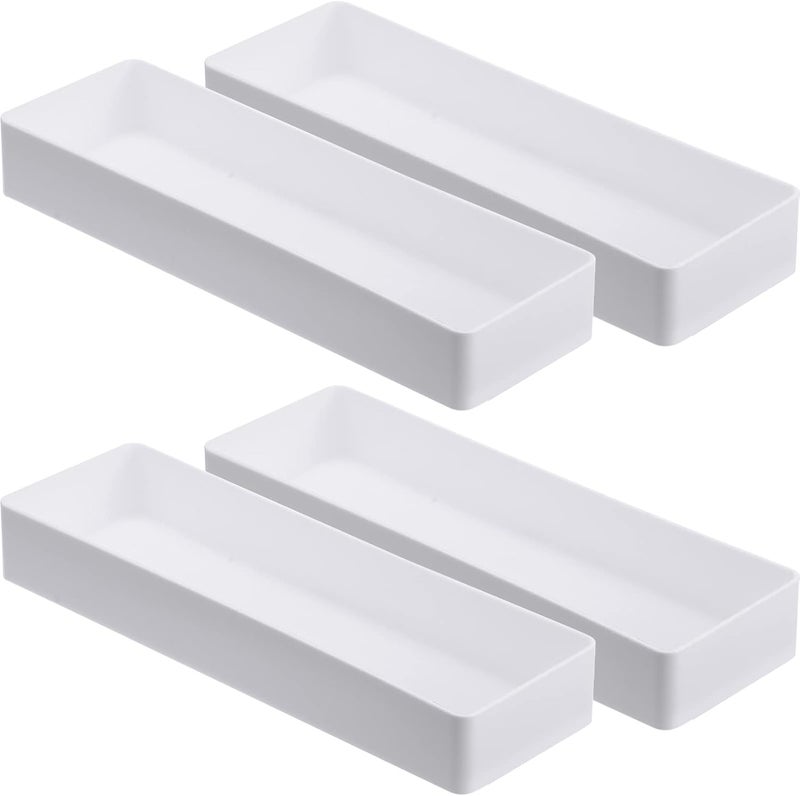 Teling 4 Pack Plastic Drawer Organizer 9.5 x 3 x 1.4 Inch Tabletop Organizer Tray Stationery Holder White Half Accessory Tray Stackable Storage Container for Vanity Office Home Utensils Gadgets Shelf Kitchen - Image 1