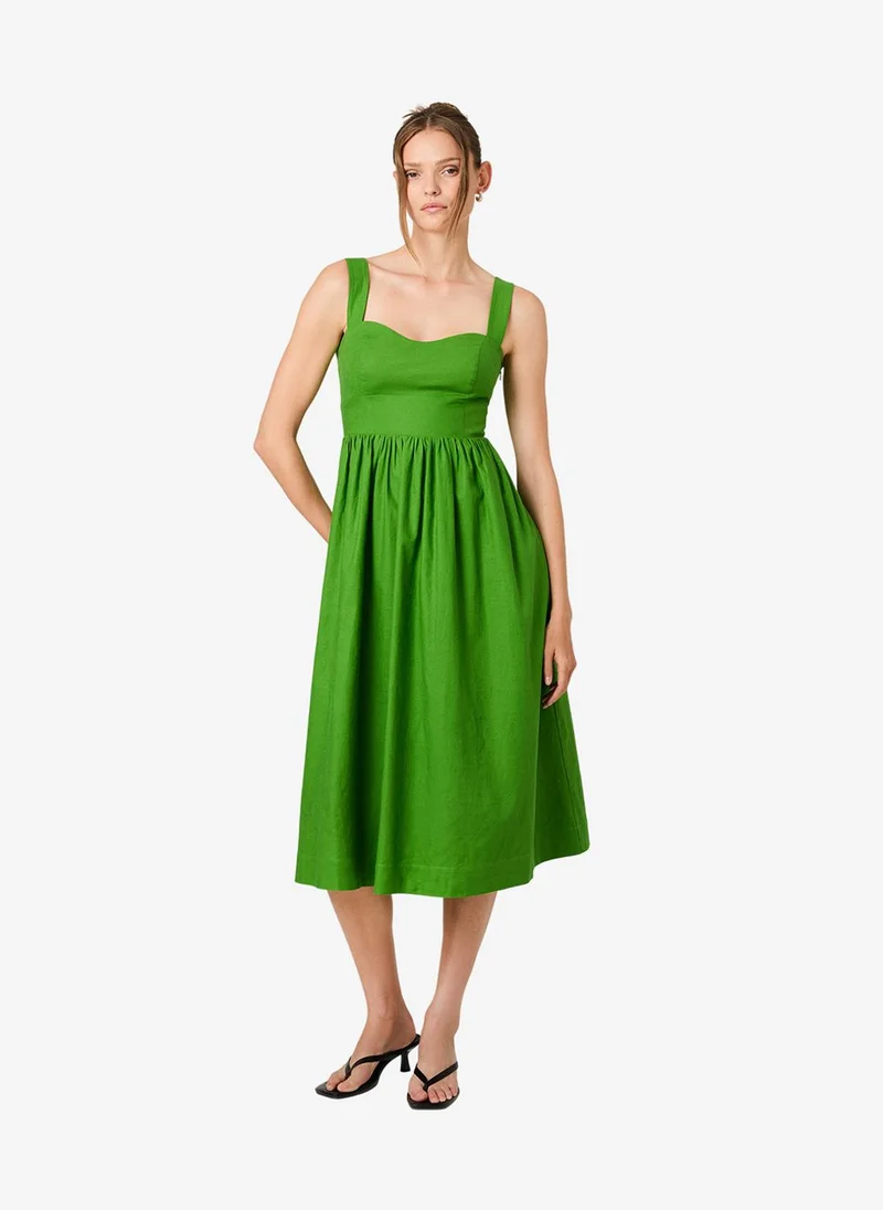 فرنش كونكشن Women's Botanica Green Aspen Linen Midi Dress