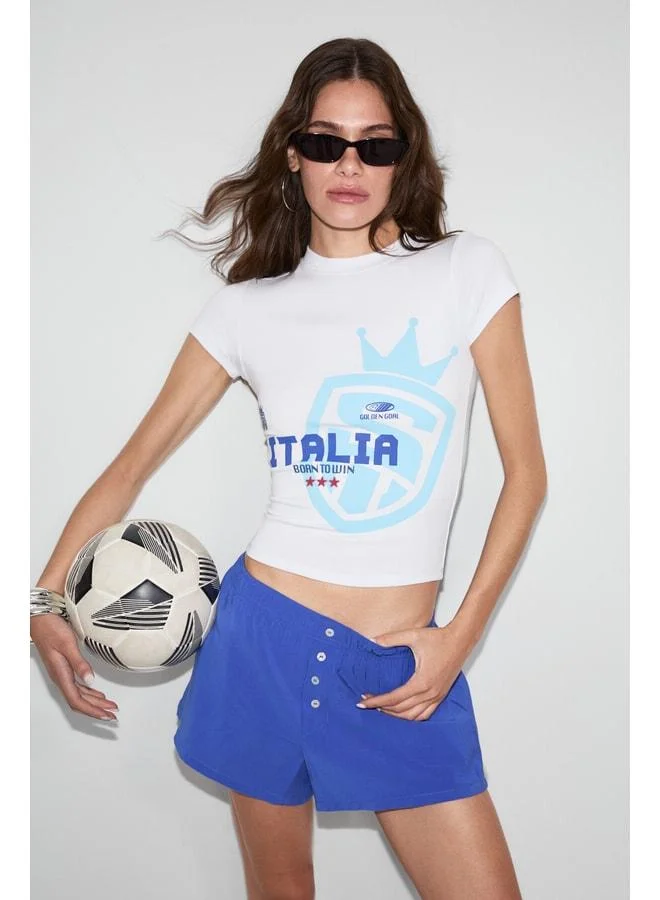 GRIMELANGE PORTU Women's Soft and Flexible Fabric with Contrasting Color Print Detailed White T‑Shirt.