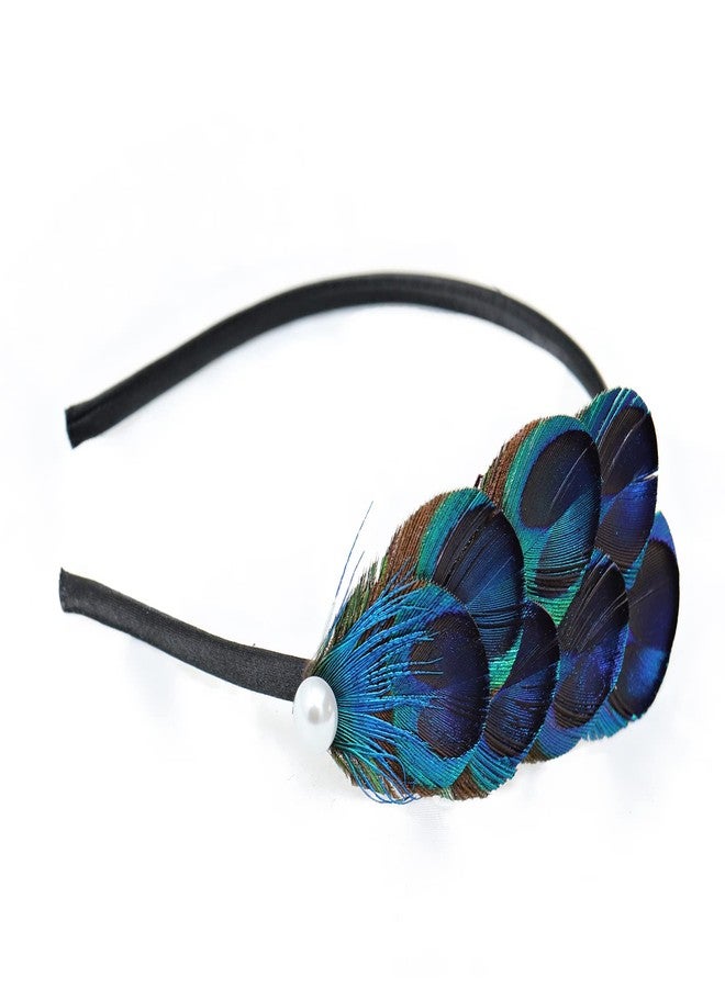 DAZCOS Peacock Feather Headband Crown Carnival Headpiece Fascinator Headdress 1920s Gatsby Cosplay Headwear (Blue 1) - Image 1
