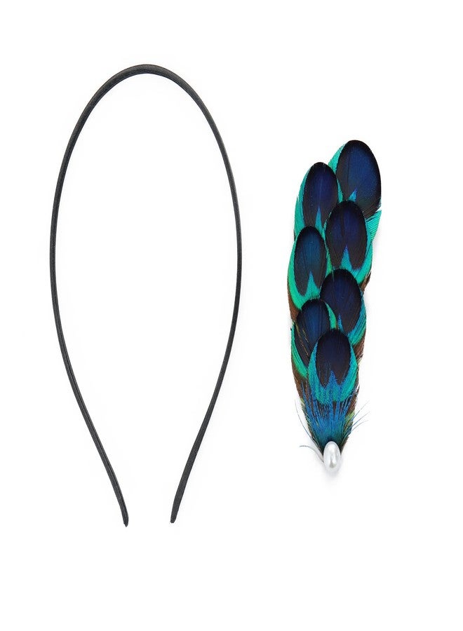 DAZCOS Peacock Feather Headband Crown Carnival Headpiece Fascinator Headdress 1920s Gatsby Cosplay Headwear (Blue 1) - Image 2
