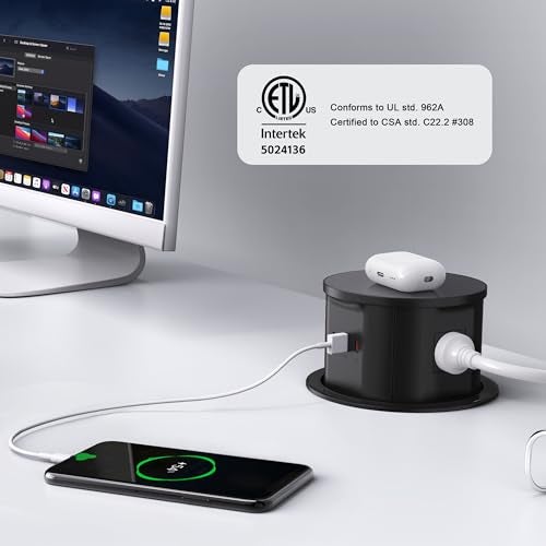 ANNQUAN 20 Amp Pop Up Countertop Outlet with 15W Wireless Charger,Max 65W Power Delivery,4.75" Pop Up Electrical Outlet with 3 Outlets 3 USB Ports for Home Office - Image 2
