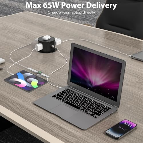 ANNQUAN 20 Amp Pop Up Countertop Outlet with 15W Wireless Charger,Max 65W Power Delivery,4.75" Pop Up Electrical Outlet with 3 Outlets 3 USB Ports for Home Office - Image 5