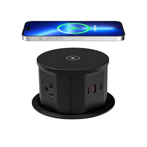 ANNQUAN 20 Amp Pop Up Countertop Outlet with 15W Wireless Charger,Max 65W Power Delivery,4.75" Pop Up Electrical Outlet with 3 Outlets 3 USB Ports for Home Office - Image 1