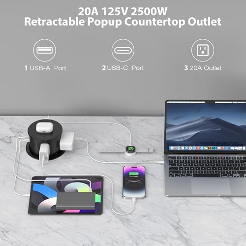 ANNQUAN 20 Amp Pop Up Countertop Outlet with 15W Wireless Charger,Max 65W Power Delivery,4.75" Pop Up Electrical Outlet with 3 Outlets 3 USB Ports for Home Office - Image 3