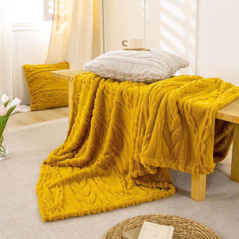 YUSOKI Sherpa Large Throw Blanket Single Layer,Light Weight(1.7lb),370GMS-3D Stylish Design for Gift Home Decor (Mustard Yellow,50"x65") - Image 3