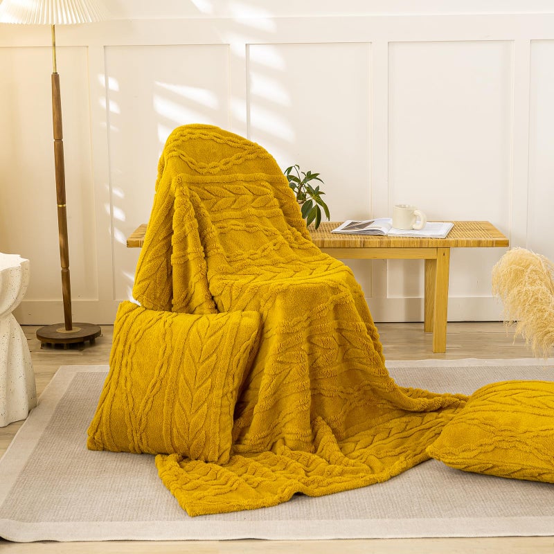 YUSOKI Sherpa Large Throw Blanket Single Layer,Light Weight(1.7lb),370GMS-3D Stylish Design for Gift Home Decor (Mustard Yellow,50"x65") - Image 2