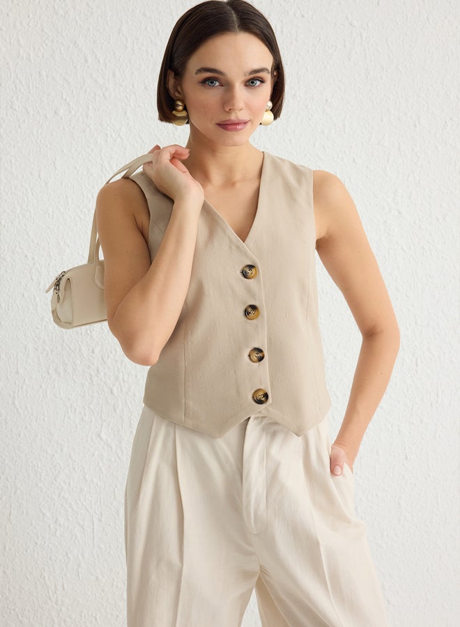 trendyol Beige Fitted Premium Buttoned Crop Woven Vest TWOAW24YE00061 - Image 2