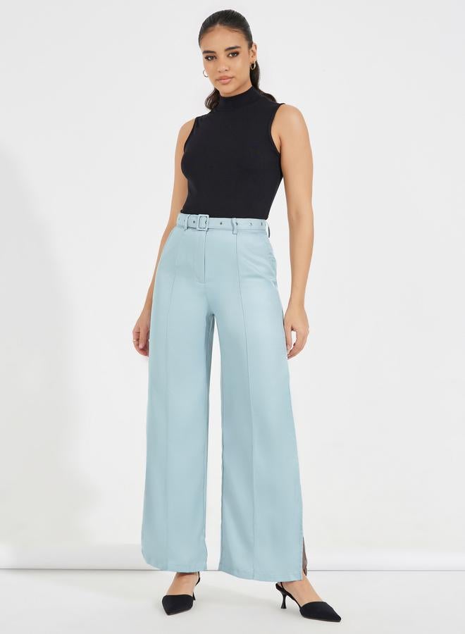 Styli High Rise Belted Pants with Side Slit  - Image 1
