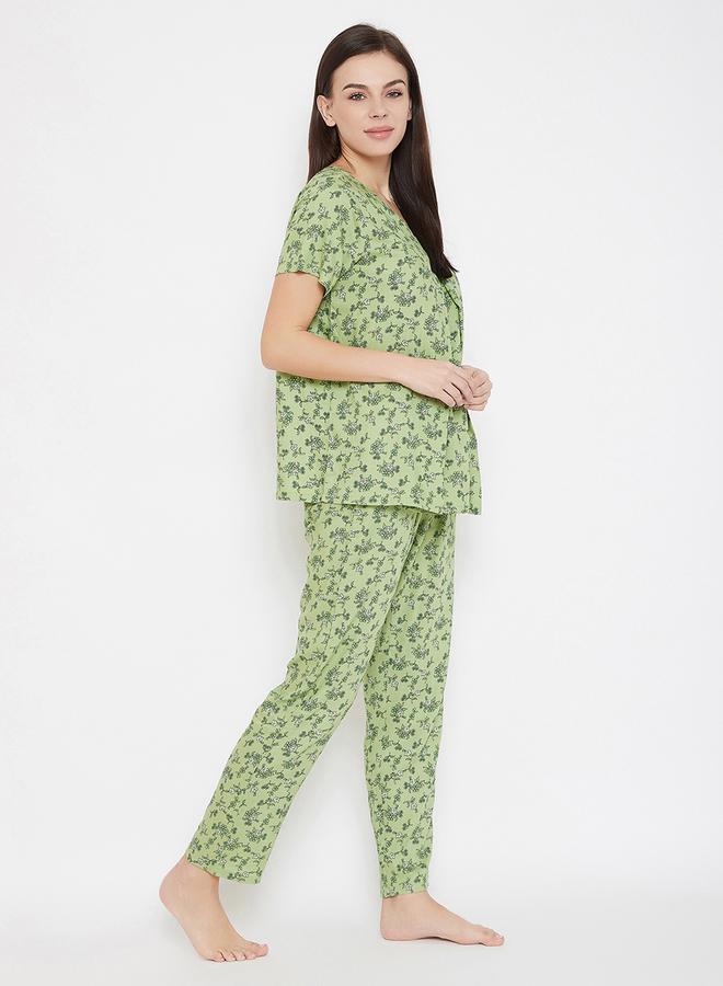 Clovia Floral Print V Neck Top and Pyjama Set - Image 3