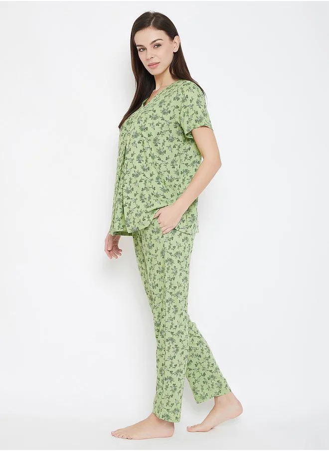 Clovia Clovia Floral Print V Neck Top and Pyjama Set