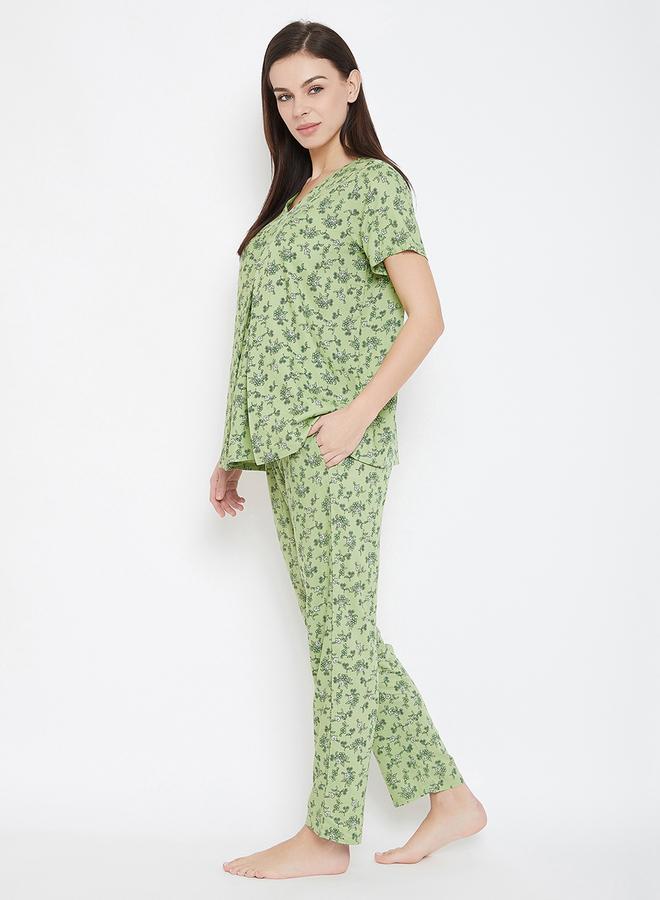Clovia Floral Print V Neck Top and Pyjama Set - Image 2