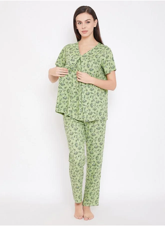 Clovia Clovia Floral Print V Neck Top and Pyjama Set