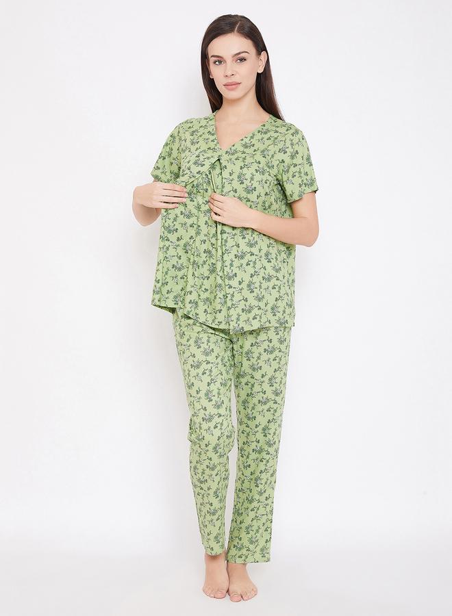 Clovia Floral Print V Neck Top and Pyjama Set - Image 1