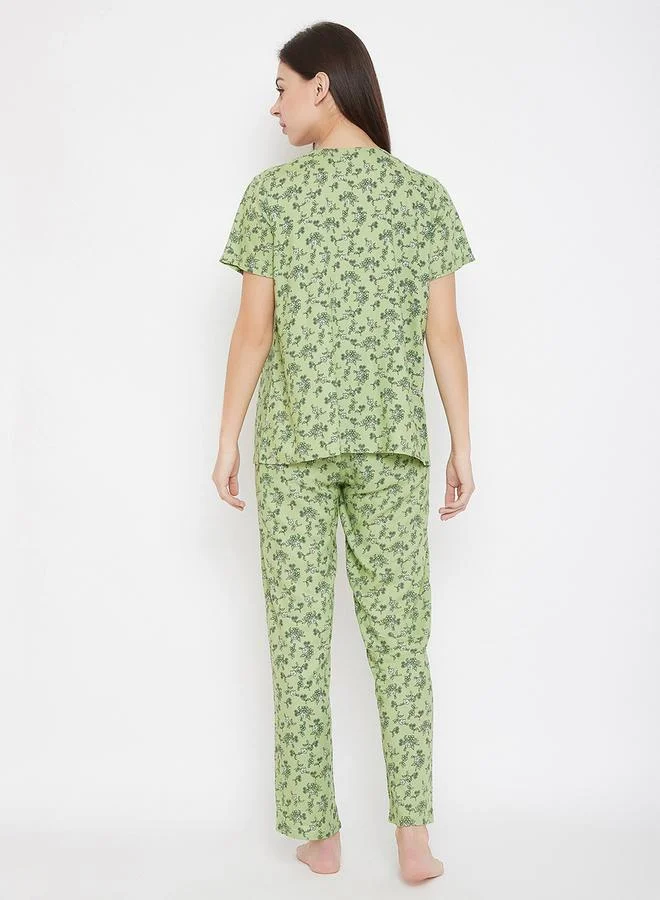 Clovia Clovia Floral Print V Neck Top and Pyjama Set