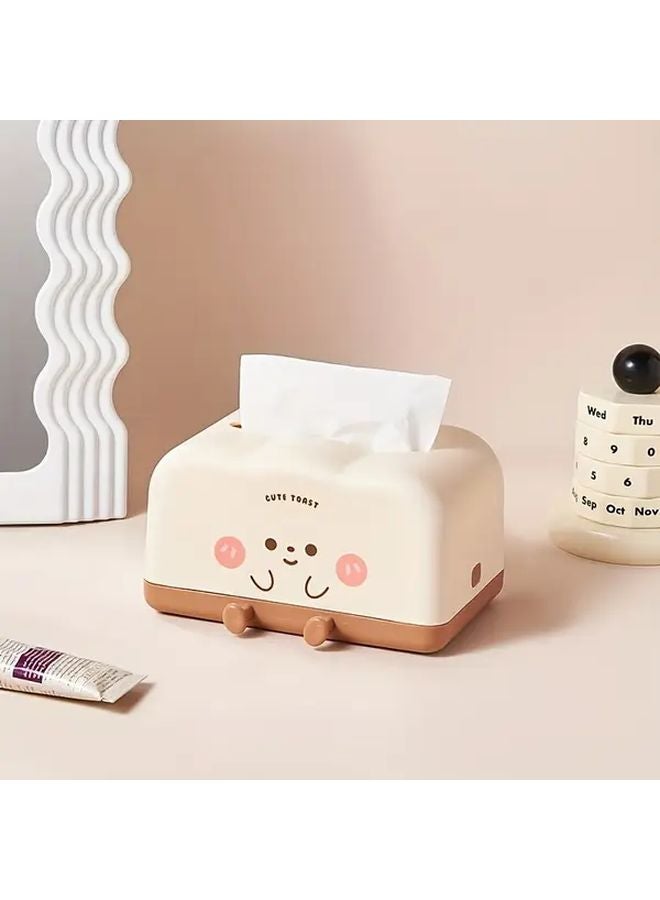 Cream Brown Toast Design Smiling Face Plastic Tissue Box With Storage For Living Room Bedroom - Image 2