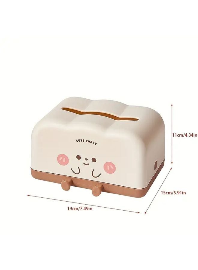 Cream Brown Toast Design Smiling Face Plastic Tissue Box With Storage For Living Room Bedroom - Image 4