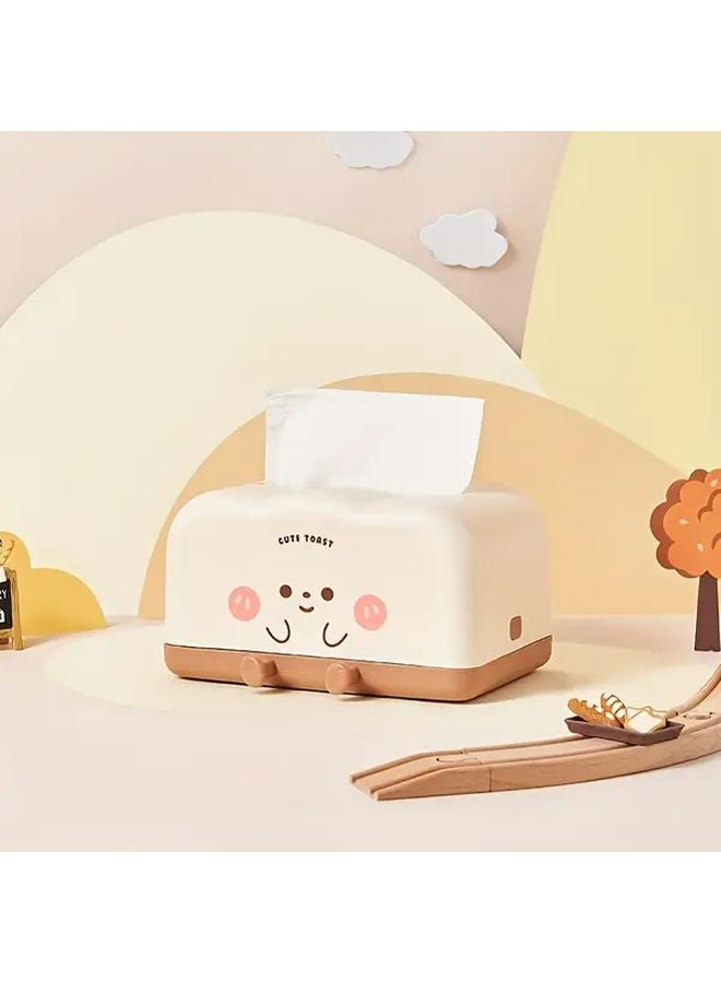 Cream Brown Toast Design Smiling Face Plastic Tissue Box With Storage For Living Room Bedroom - Image 5