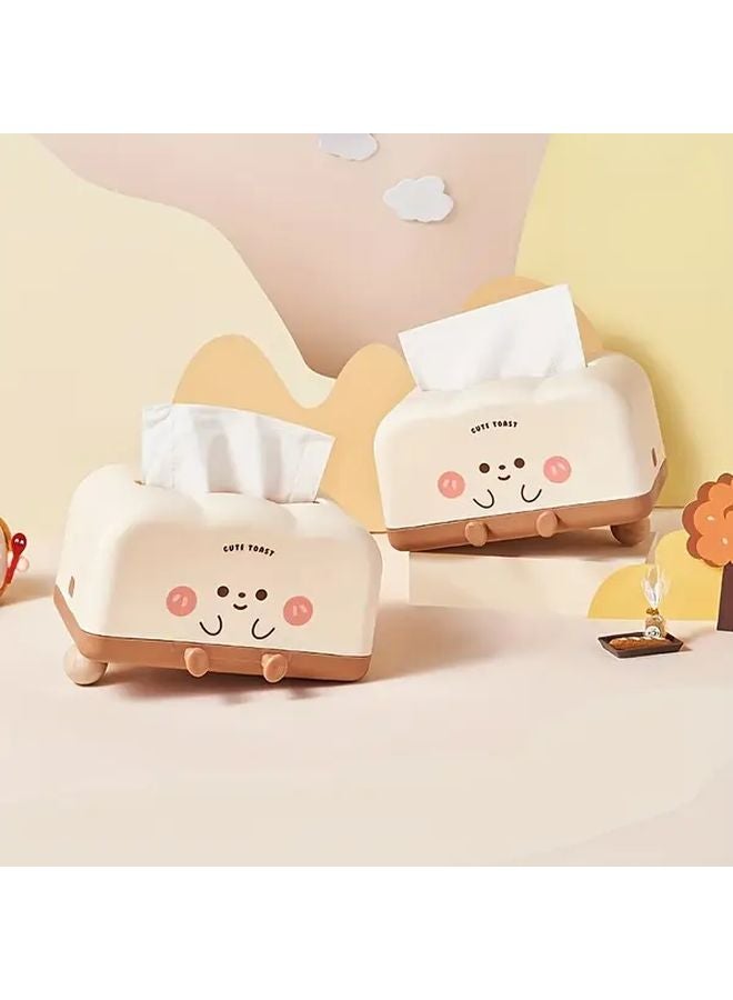 Cream Brown Toast Design Smiling Face Plastic Tissue Box With Storage For Living Room Bedroom - Image 3