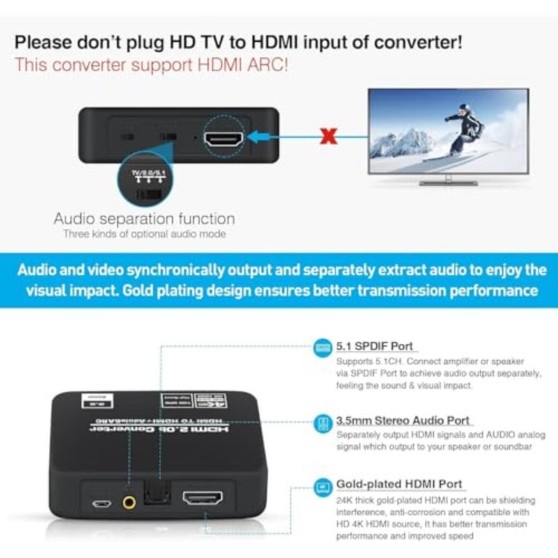 مستخرج صوت Hdmi 4K 60 هرتز Hdmi 2.0B مع قوس بصري Toslink Spdif و3.5 مم صوت ستيريو يدعم Hdcp 2.2 Pcm Dts 5.1 لمضخم صوت التلفزيون Ps5 Xbox Projector أسود - Image 3