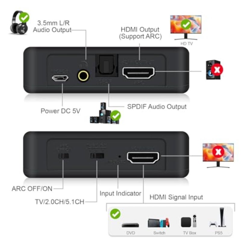 مستخرج صوت Hdmi 4K 60 هرتز Hdmi 2.0B مع قوس بصري Toslink Spdif و3.5 مم صوت ستيريو يدعم Hdcp 2.2 Pcm Dts 5.1 لمضخم صوت التلفزيون Ps5 Xbox Projector أسود - Image 5