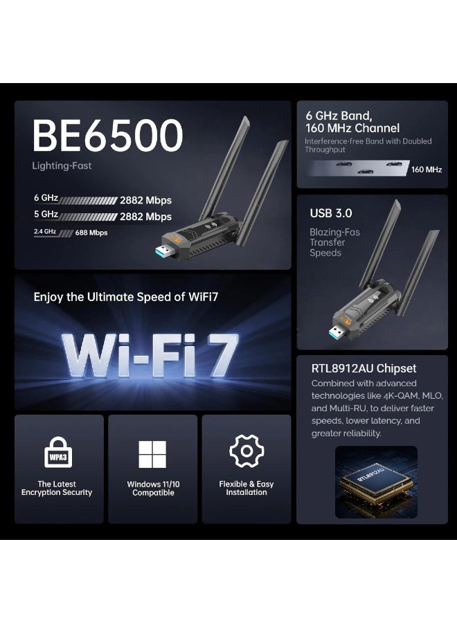  أورا سيليكت محول USB BE6500 WiFi 7، ثلاثي النطاقات بسرعة 6500 ميجابت في الثانية｜6 جيجاهرتز + 5 جيجاهرتز + 2.4 جيجاهرتز｜شريحة Realtek RTL8912AU｜USB 3.0 بدون حاجة إلى برامج تشغيل｜هوائيات عالية الكسب｜يدعم Windows 11/10｜مناسب لأجهزة الكمبيوتر المكتبية والمحمولة والألعاب والبث بدقة 4K/8K - Image 2