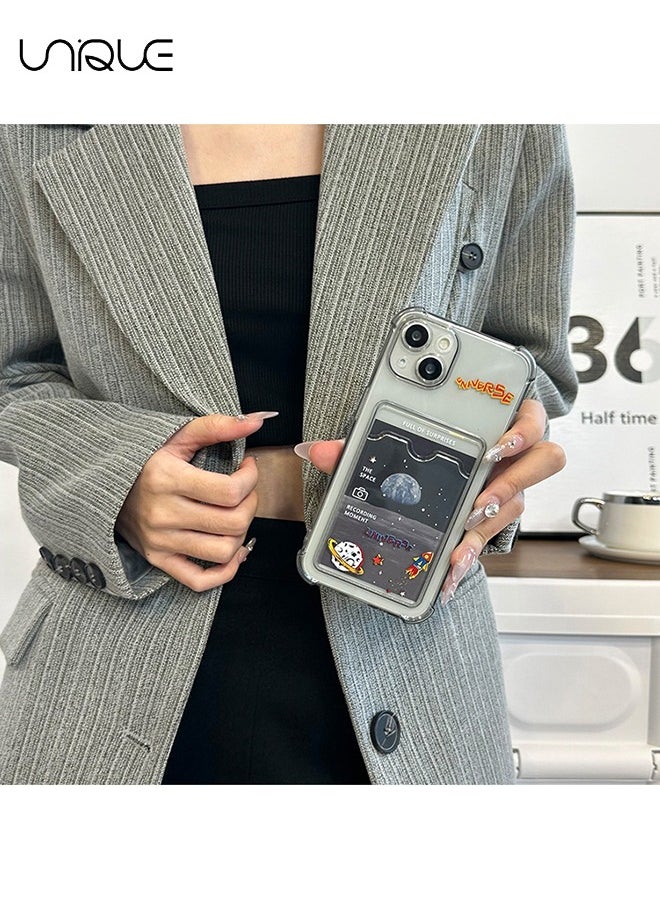 Unique - For iPhone 15 Phone Case - Cartoon Planet Rocket Pattern Phone Case - Phone Case with Card Holder, Card Slot - Ultra Slim Anti-Drop Soft TPU Wallet Phone Case with Bumper - Clear Black - Image 1