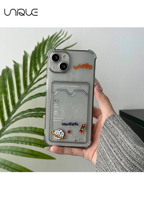 For iPhone 15 Phone Case - Cartoon Planet Rocket Pattern Phone Case - Phone Case with Card Holder, Card Slot - Ultra Slim Anti-Drop Soft TPU Wallet Phone Case with Bumper - Clear Black