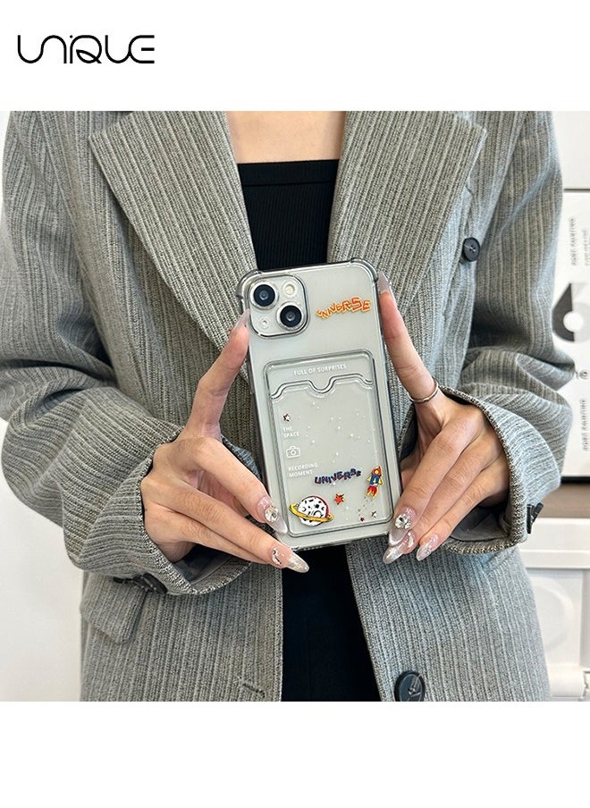 Unique - For iPhone 15 Phone Case - Cartoon Planet Rocket Pattern Phone Case - Phone Case with Card Holder, Card Slot - Ultra Slim Anti-Drop Soft TPU Wallet Phone Case with Bumper - Clear Black - Image 1