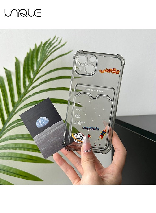 Unique - For iPhone 15 Phone Case - Cartoon Planet Rocket Pattern Phone Case - Phone Case with Card Holder, Card Slot - Ultra Slim Anti-Drop Soft TPU Wallet Phone Case with Bumper - Clear Black - Image 1