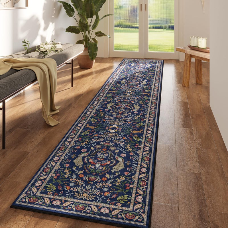Rugcomf Runner Rug Washable Kitchen Runner 2'x 10' Runner Rug for Entryway Indoor Floral Soft Non-Slip Carpet Runner for Hallways, Kitchen, Laundry, Bedroom, Bathroom(Blue) - Image 1