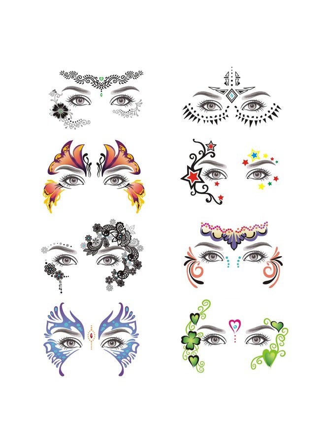 CBLUO 8 Pcs Halloween Temporary Stickers Waterproof Face Tattoos Women Masquerade Face Tattoo Glitter Flower Leaf Star Makeup Eye Forehead Body Sticker Cosplay Costume Dress Up Christmas Party Supplies - Image 1