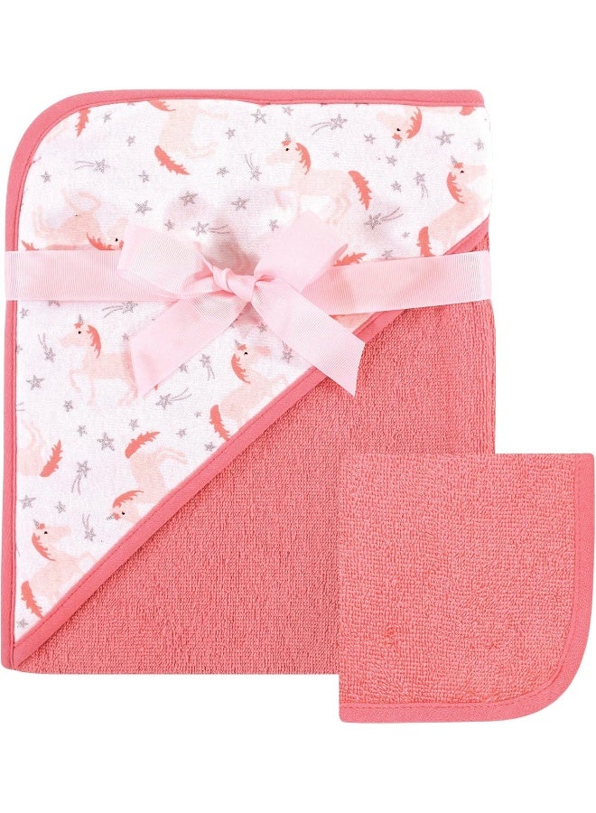 Hudson Baby Unisex Baby Cotton Hooded Towel and Washcloth, Unicorn, One Size