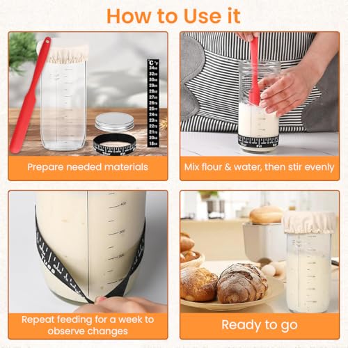Supvox® 730ml Sourdough Starter Kit, 25oz Sourdough Starter Jar with Metallic Lid, Silicone Spatula, Feeding Tracker, Extra Thermometer Strips & Breathable Covers Sourdough Bread Starter Kit - Image 3