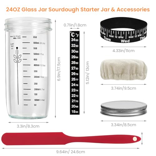 Supvox® 730ml Sourdough Starter Kit, 25oz Sourdough Starter Jar with Metallic Lid, Silicone Spatula, Feeding Tracker, Extra Thermometer Strips & Breathable Covers Sourdough Bread Starter Kit - Image 2