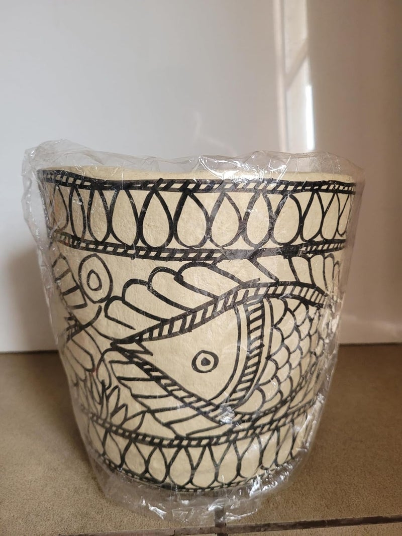 Handpainted Paper Mache EcoFriendly PaperbinDry Waste binMultipurpose Storage BasketPlanter I Open Top Bin 7x6 Inche Black Fish  - Image 3