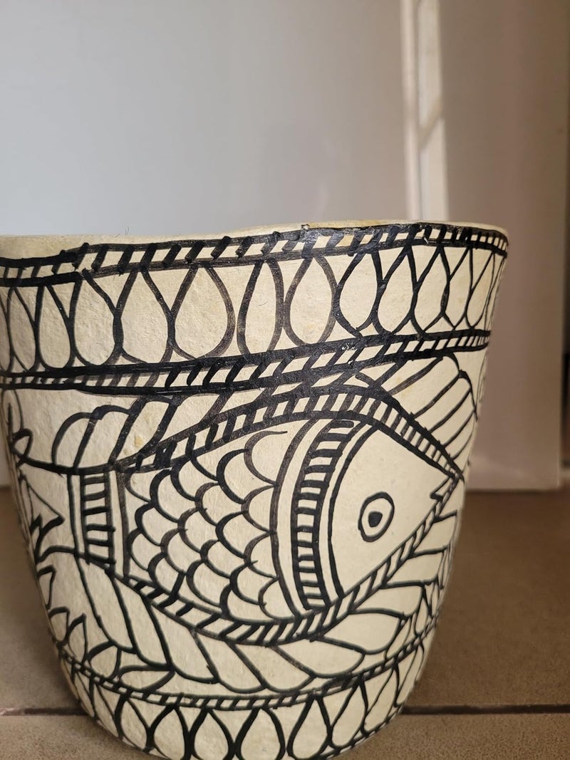 Handpainted Paper Mache EcoFriendly PaperbinDry Waste binMultipurpose Storage BasketPlanter I Open Top Bin 7x6 Inche Black Fish  - Image 2