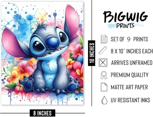 BigWig Prints Stitch Posters Lilo and Stitch Wall Decor Nursery Watercolor Art Prints Kids Bedroom Posters for Girls and Boys Nursery Wall Art Unframed Set of 9 8x10 - Image 3